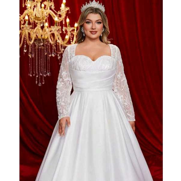 VESTIDO DE NOIVA COM MANGA LONGA E RENDA NO BUSTO