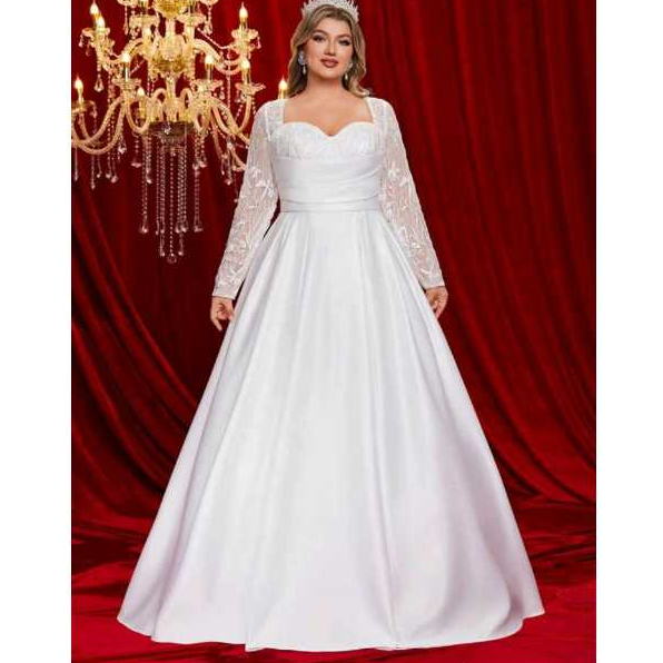 VESTIDO DE NOIVA COM MANGA LONGA E RENDA NO BUSTO