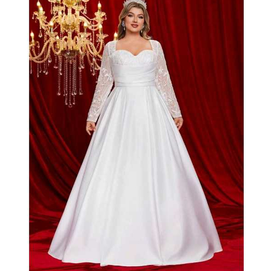 VESTIDO DE NOIVA COM MANGA LONGA E RENDA NO BUSTO