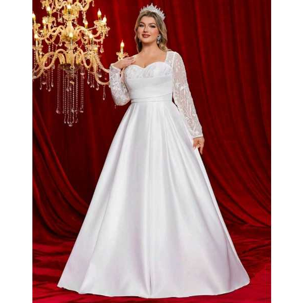 VESTIDO DE NOIVA COM MANGA LONGA E RENDA NO BUSTO