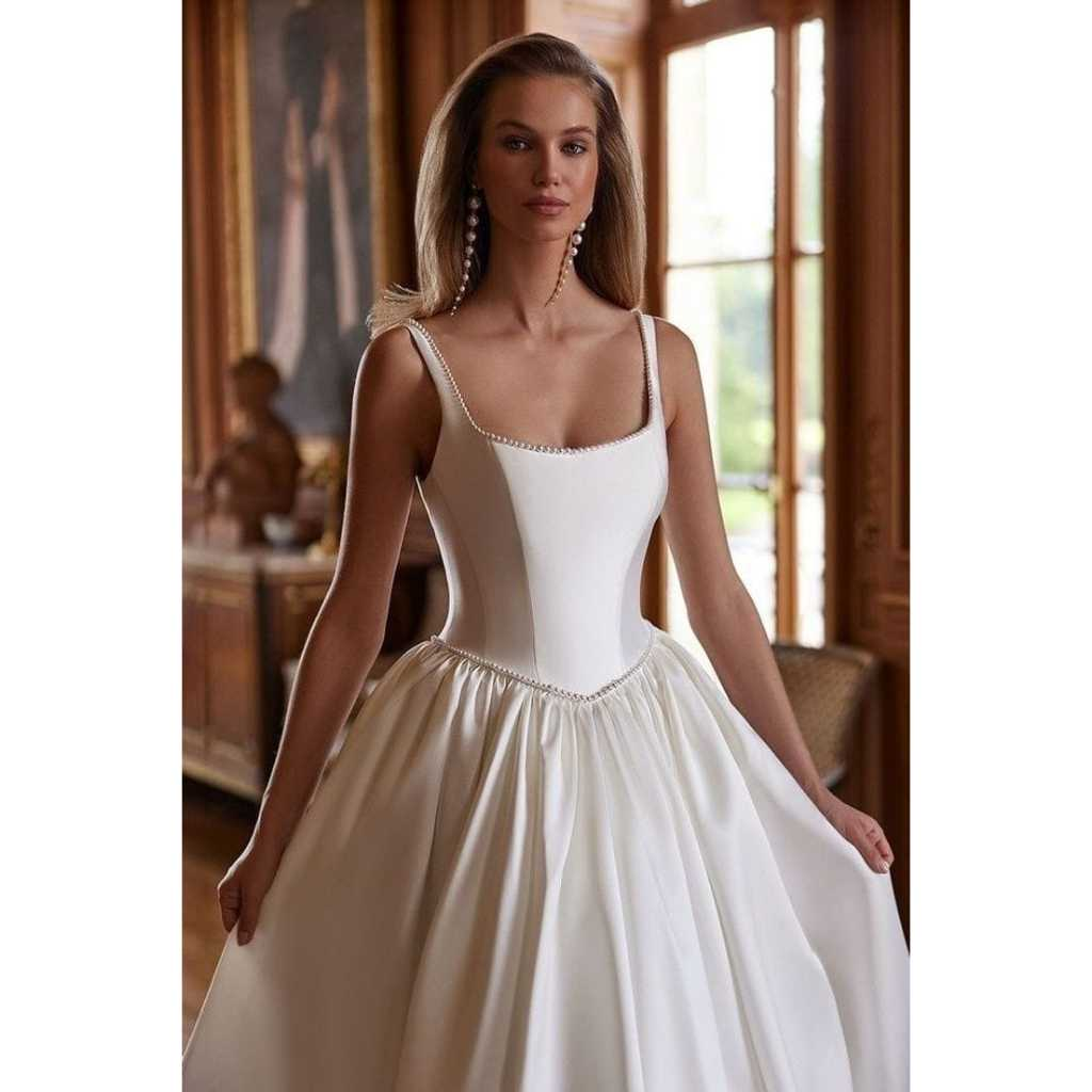 VESTIDO DE NOIVA COM DECOTE QUADRADO E PÉROLAS