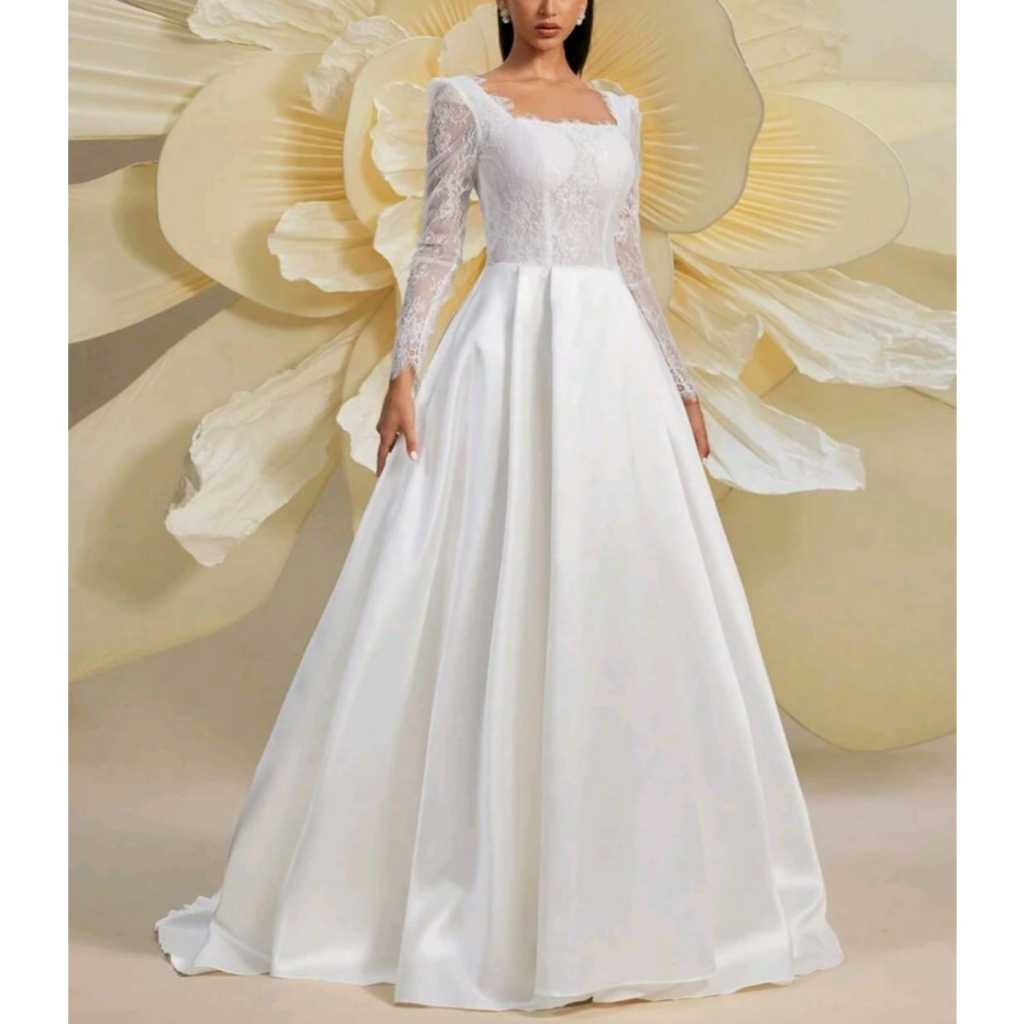 VESTIDO DE NOIVA COM MANGA LONGA E BUSTO EM RENDA