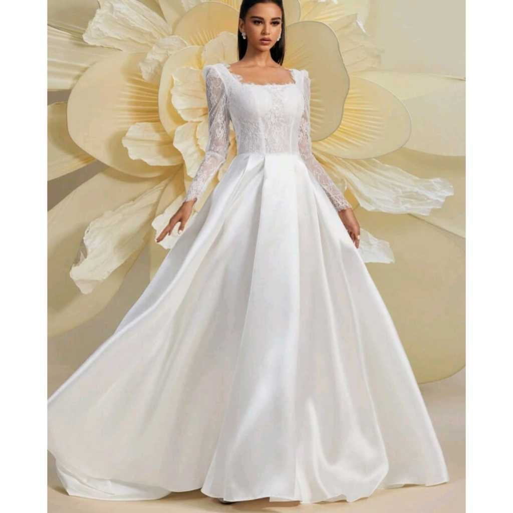 VESTIDO DE NOIVA COM MANGA LONGA E BUSTO EM RENDA