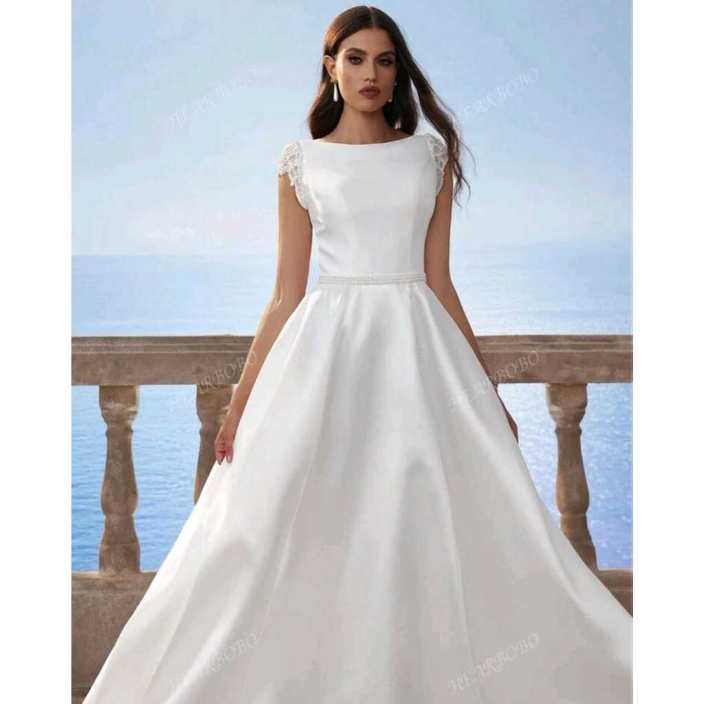 VESTIDO DE NOIVA LONGO COM MANGAS CURTAS EM RENDA