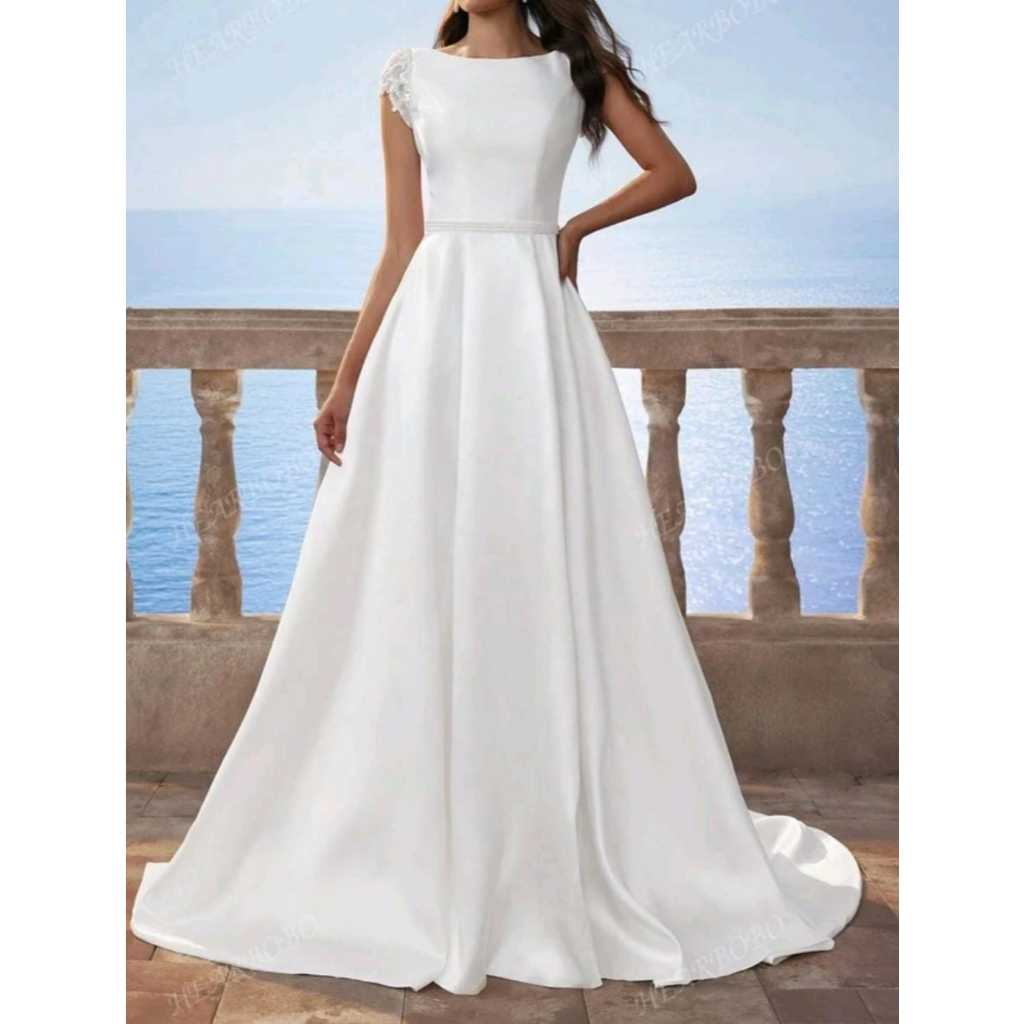 VESTIDO DE NOIVA LONGO COM MANGAS CURTAS EM RENDA