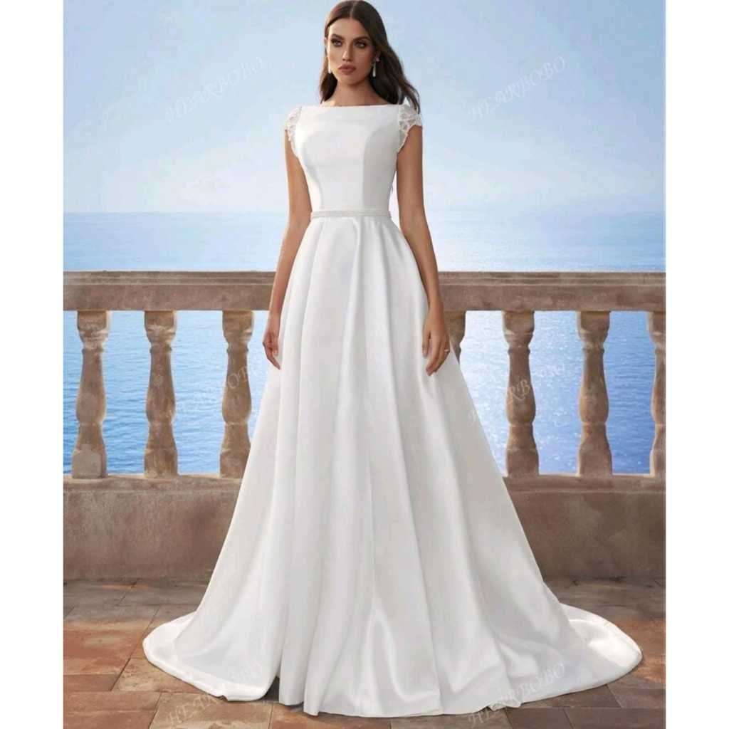 VESTIDO DE NOIVA LONGO COM MANGAS CURTAS EM RENDA