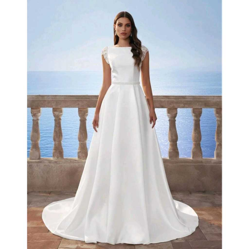 VESTIDO DE NOIVA LONGO COM MANGAS CURTAS EM RENDA