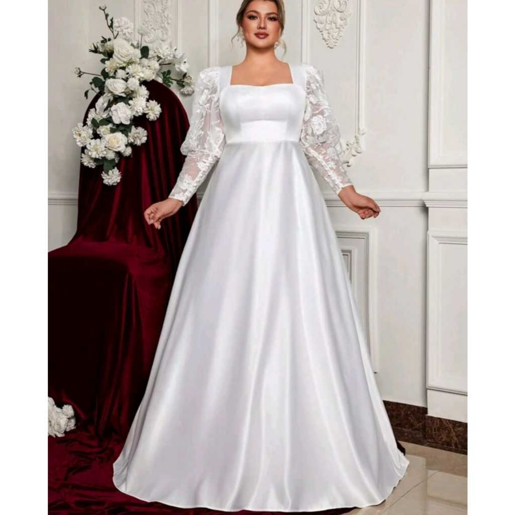 VESTIDO DE NOIVA LONGO COM MANGAS EM RENDA