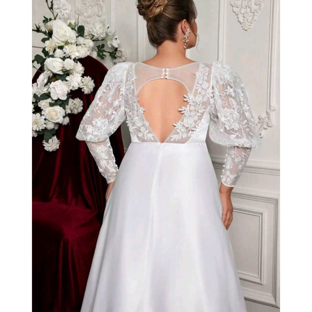 VESTIDO DE NOIVA LONGO COM MANGAS EM RENDA