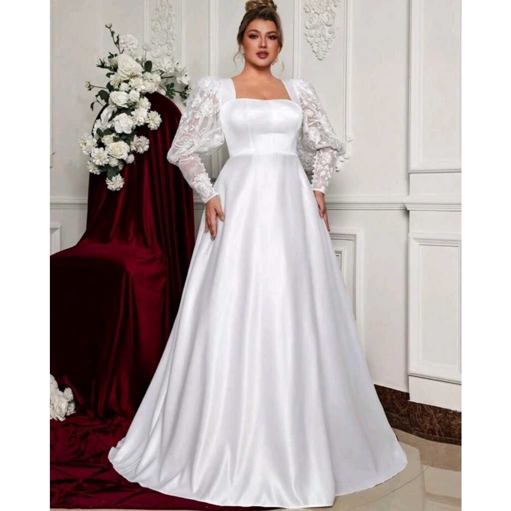 VESTIDO DE NOIVA LONGO COM MANGAS EM RENDA