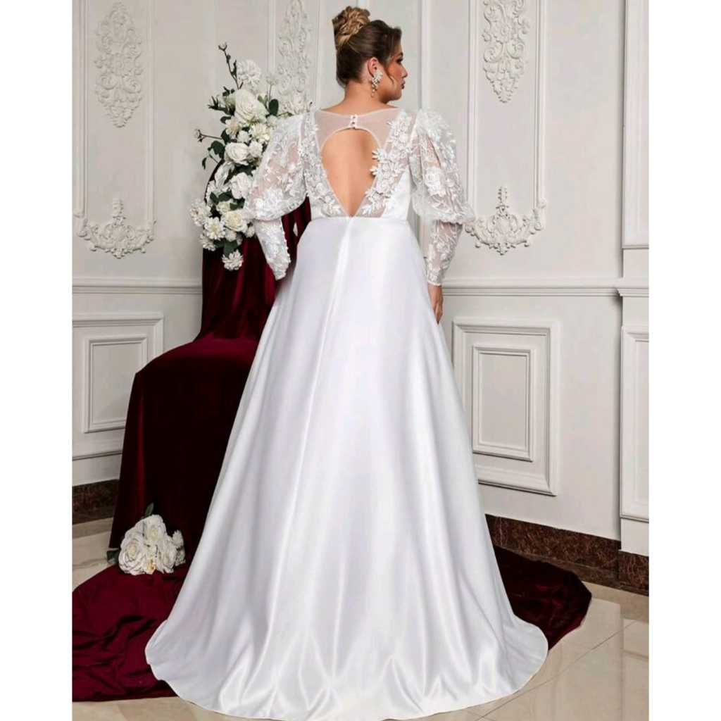 VESTIDO DE NOIVA LONGO COM MANGAS EM RENDA