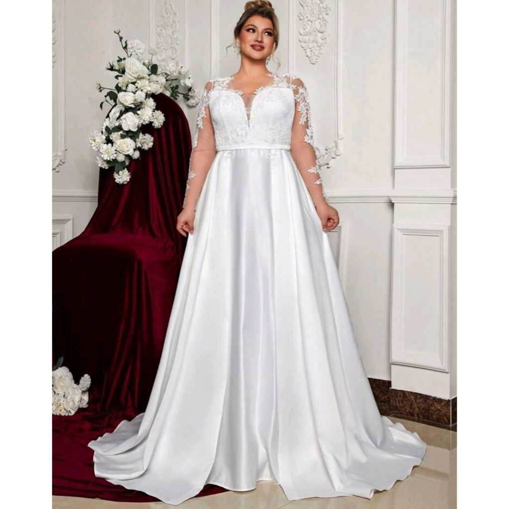 VESTIDO DE NOIVA COM BUSTO EM RENDA E MANGA LONGA