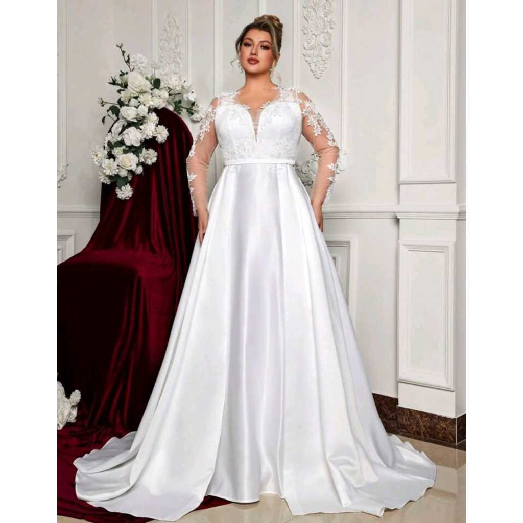 VESTIDO DE NOIVA COM BUSTO EM RENDA E MANGA LONGA