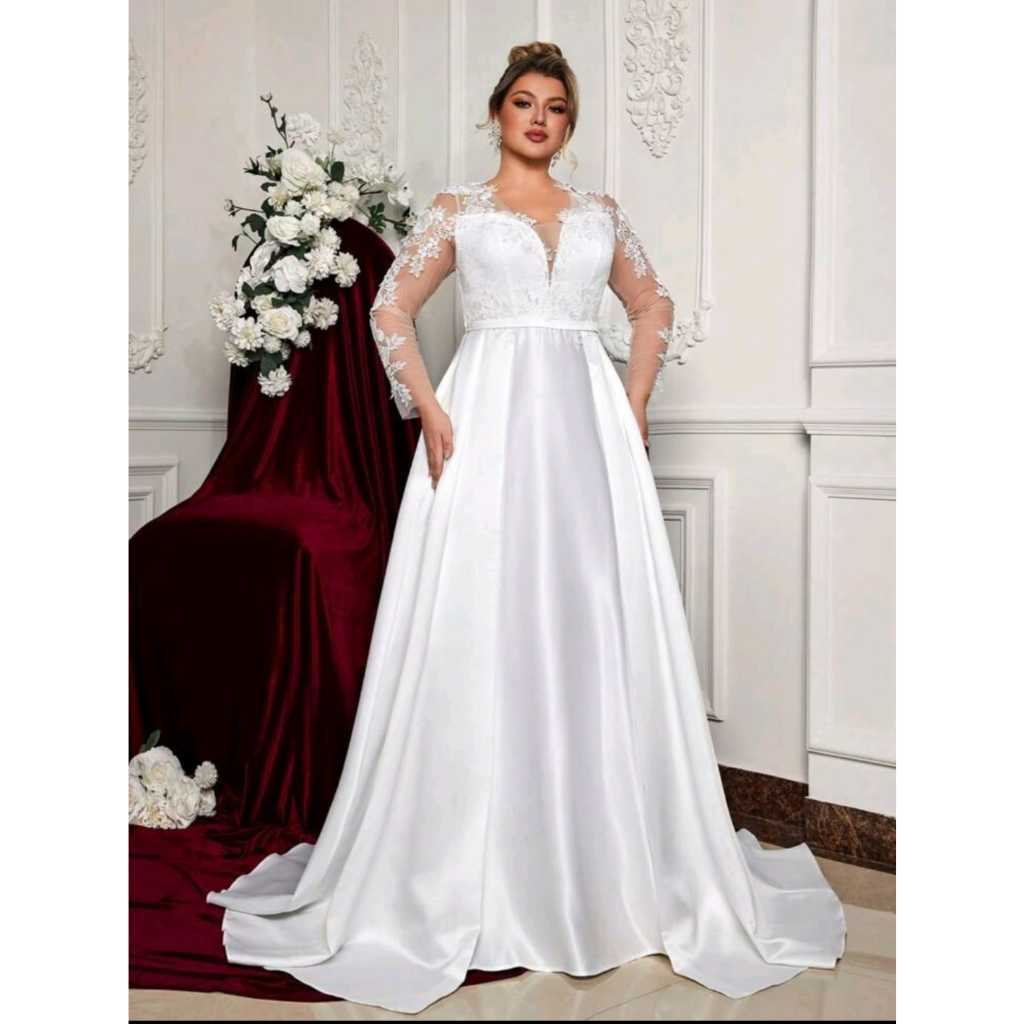 VESTIDO DE NOIVA COM BUSTO EM RENDA E MANGA LONGA