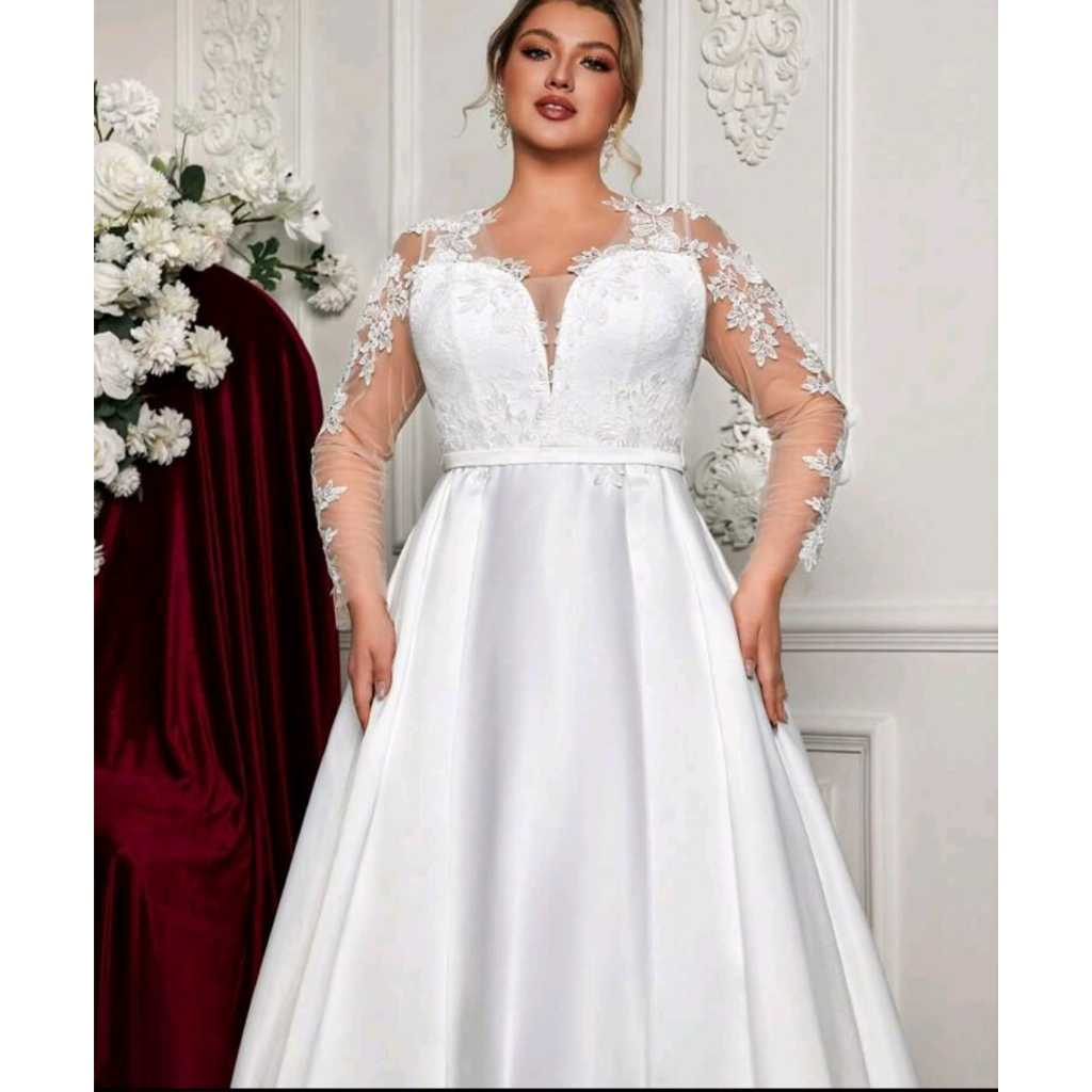 VESTIDO DE NOIVA COM BUSTO EM RENDA E MANGA LONGA
