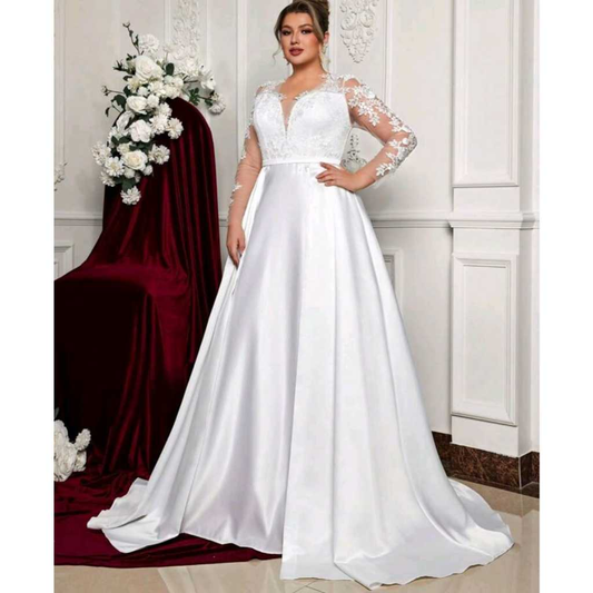VESTIDO DE NOIVA COM BUSTO EM RENDA E MANGA LONGA