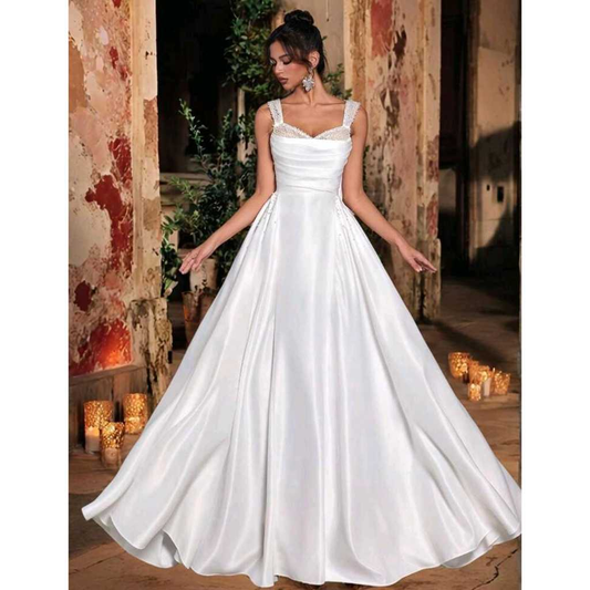 VESTIDO DE NOIVA COM ALÇAS E PEROLAS NO BUSTO