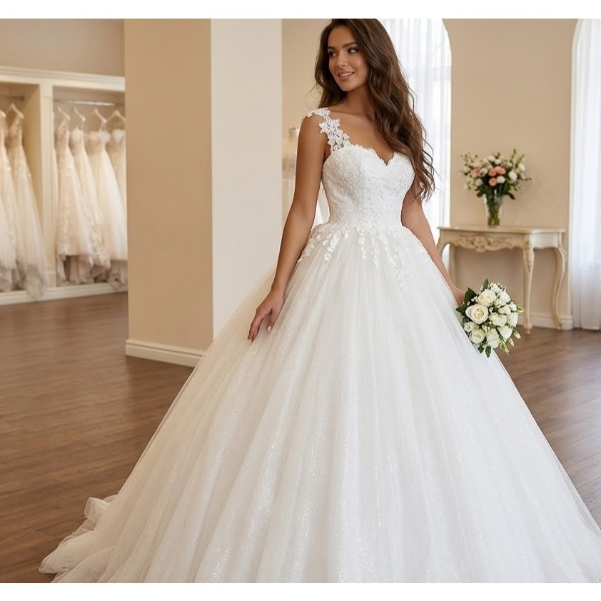 VESTIDO DE NOIVA COM ALÇAS E BUSTO EM RENDA MODELO CINTHIA