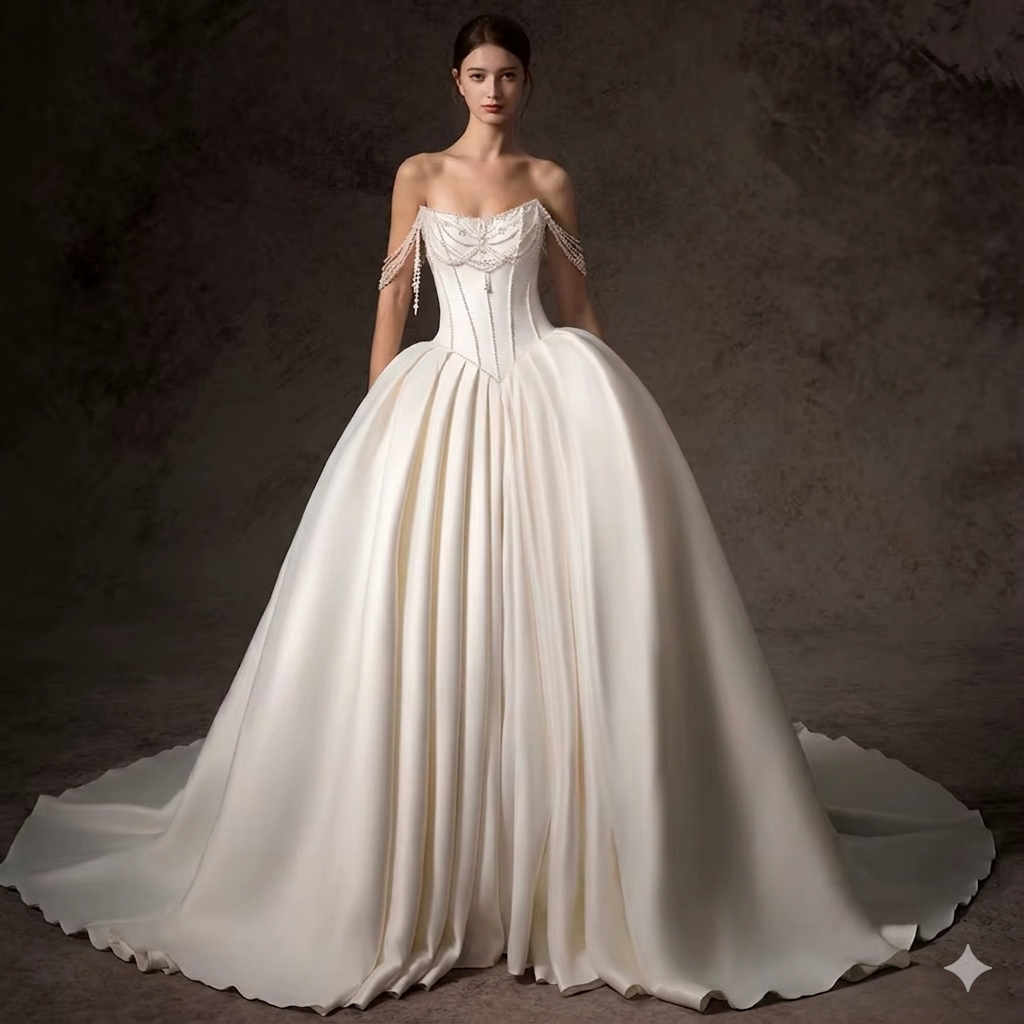 VESTIDO DE NOIVA COM APLICAÇÃO DE PÉROLAS
