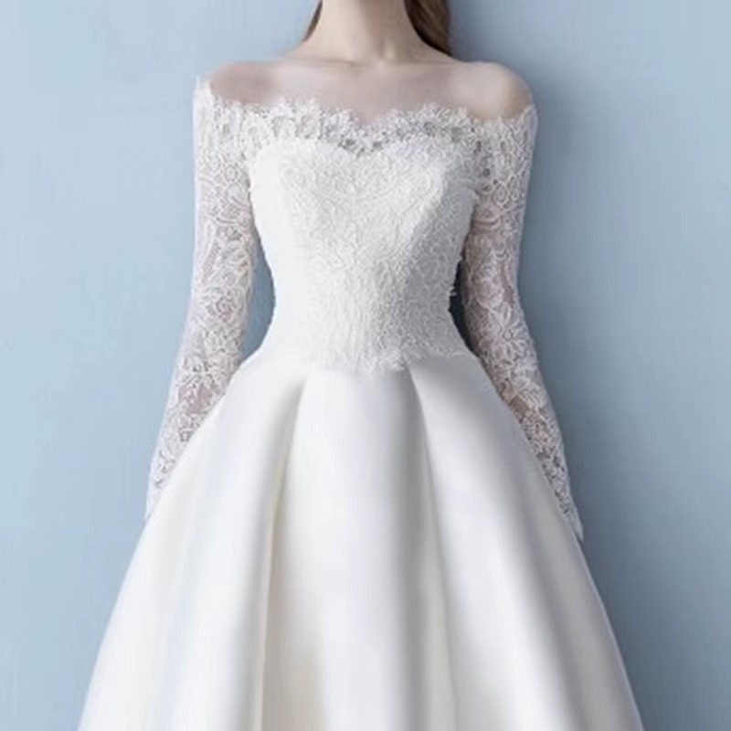 VESTIDO DE NOIVA OMBRO A OMBRO MANGA LONGA COM BUSTO EM RENDA MOLDE ARLETE