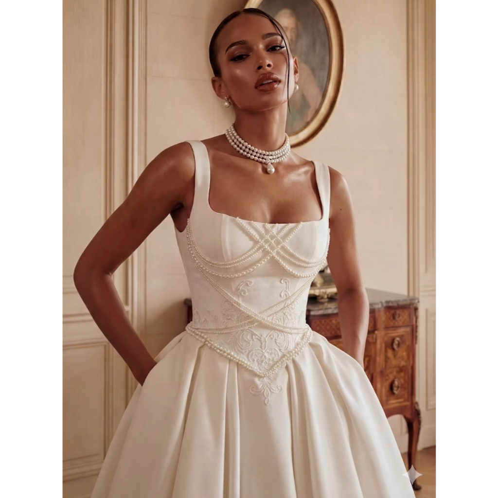 VESTIDO DE NOIVA COM PÉROLAS E APLICAÇÃO DE RENDA