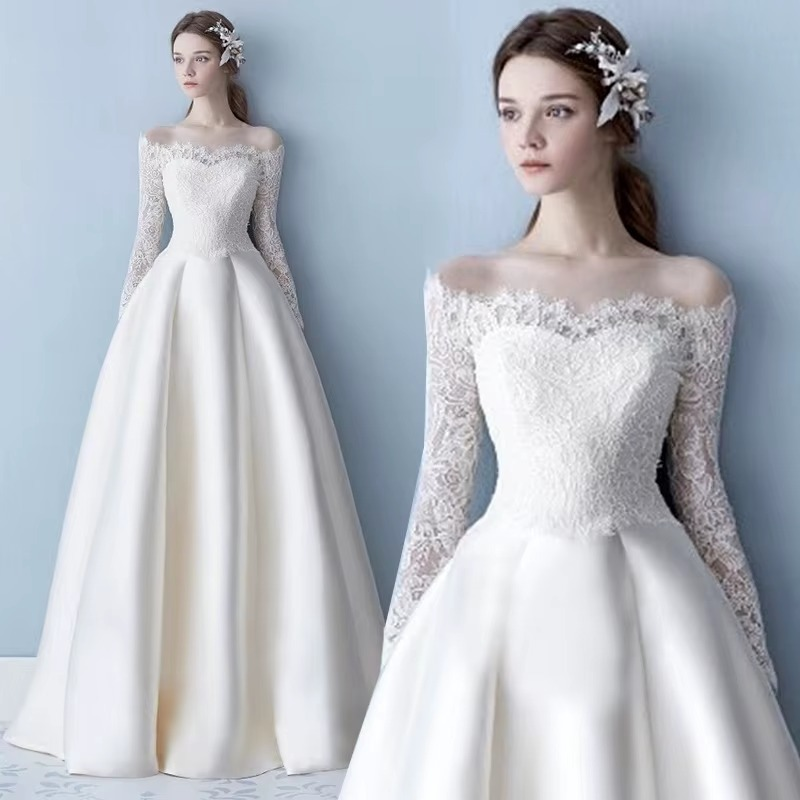 VESTIDO DE NOIVA OMBRO A OMBRO MANGA LONGA COM BUSTO EM RENDA MOLDE ARLETE