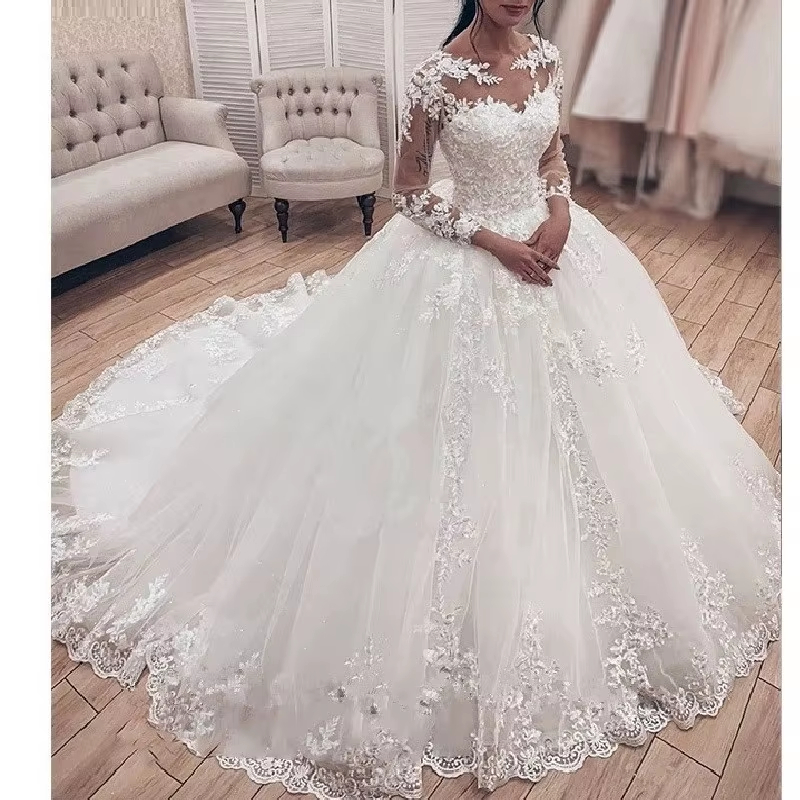 Princesa Vestido de Baile Casamento Manga Longa Noiva o Pescoço plus size robe de mariee Renda beading