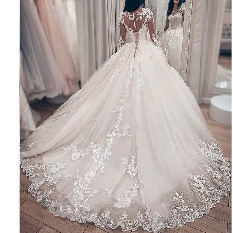 Princesa Vestido de Baile Casamento Manga Longa Noiva o Pescoço plus size robe de mariee Renda beading